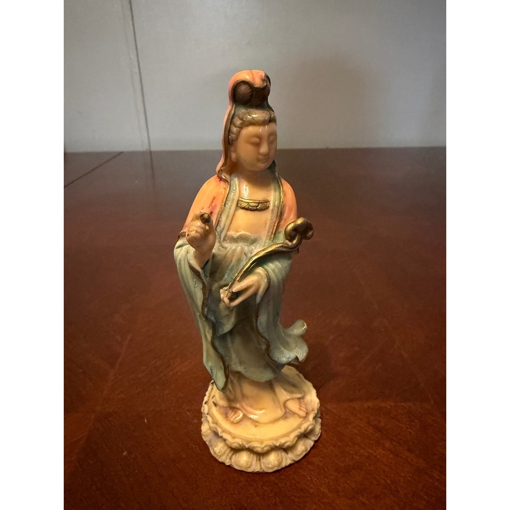 Vintage Chinese Guan Yin Statue Figurine Lotus Base Pink Green Gold